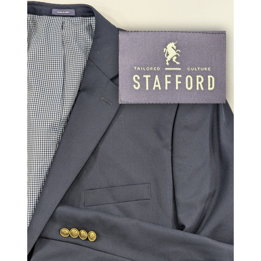 Stafford Blazer Sport Coat Suit‎ Jacket 100% Wool Gold Buttons Navy Blue 50R 52"